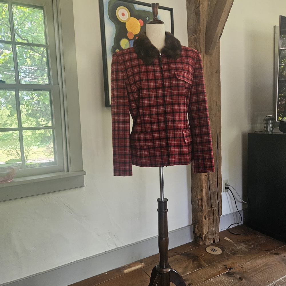 Plaid Women's Jacket with Faux Fur Collar